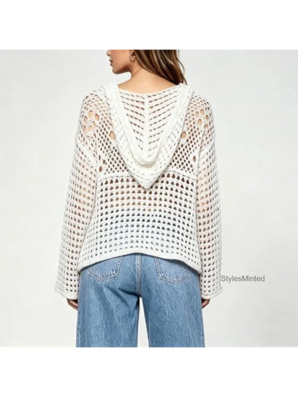American Flag Crochet Hoodie Long Sleeve Hollow Out Knit Sweater Beach Cover Up